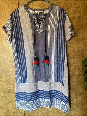 Vineyard Vines Striped 100 % Linen Tassel Tunic Lounge Beach Sausalito Dress M 8